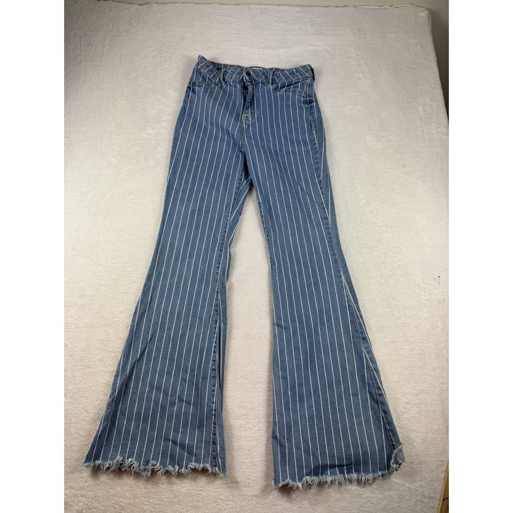 Cello High Rise Pinstripe Flare Jeans Raw Hem Bell Bottom Women's 11 Retro‎ Y2K